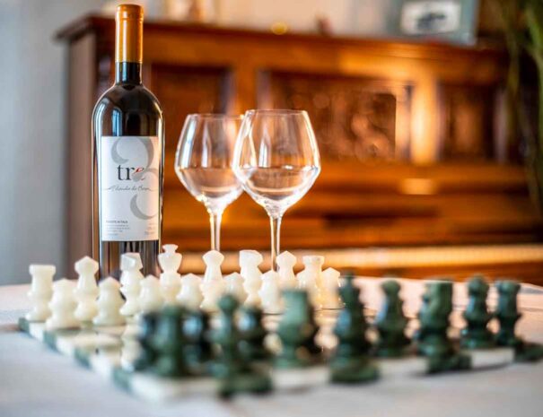 Gioco degli scacchi con un buon vino Trentino