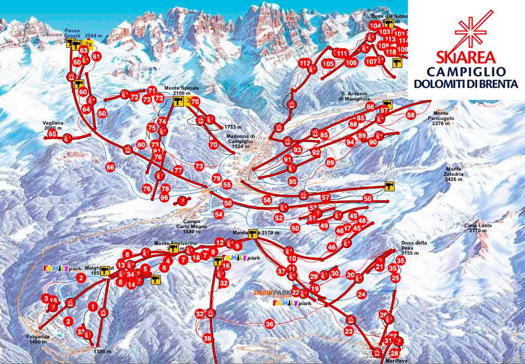 Mappa della Ski Area Campiglio Dolomiti di Brenta